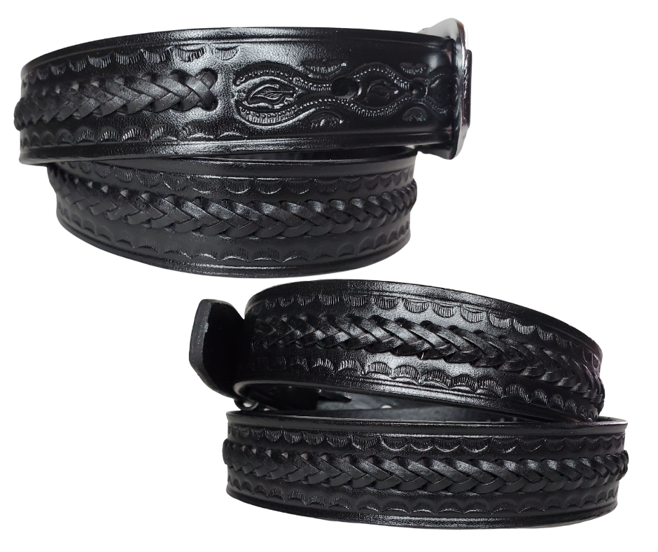 This leather belt is hand-laced in three rows, one in the middle and one on each side. Crafted from Veg-Tan leather of the same thickness, it is approved by Buckle and Hide. It features a 1 1/4" width and includes snaps for swapping the buckle if desired. Manufactured in Mexico, "The Modesto" Casual Leather Belt is available from our shop in Smyrna, TN and online. Name is not available on this belt.