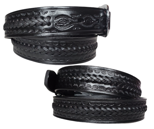 This leather belt is hand-laced in three rows, one in the middle and one on each side. Crafted from Veg-Tan leather of the same thickness, it is approved by Buckle and Hide. It features a 1 1/4" width and includes snaps for swapping the buckle if desired. Manufactured in Mexico, "The Modesto" Casual Leather Belt is available from our shop in Smyrna, TN and online. Name is not available on this belt.