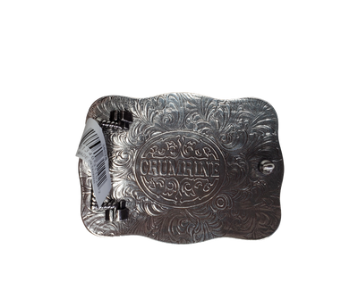 A Western themed with Barbed Wire edge border, Classic Western Scrolling. Rectangle shape is good for most body types without digging in to your mid section. Fits up to 1  1/2" belts. Dimensions are approx. 3 1/4" tall x 4 1/4"wide. 