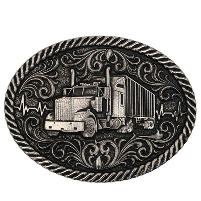 Antiqued silver Semi Truck Attitude buckle. Western scroll pattern around the truck. Standard 1.5 belt swivel Available at our shop just outside Nashville in Smyrna, TN. Dimensions: Width 4.00" Height 3.25" Length 0.80"