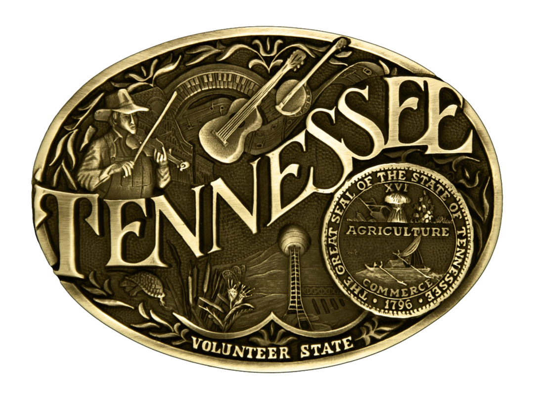 Antiqued brass colored Attitude buckle Tennessee state and symbols. Standard 1.5 belt swivel. Available online and in our shop in Smyrna, TN, just outside of Nashvillle.