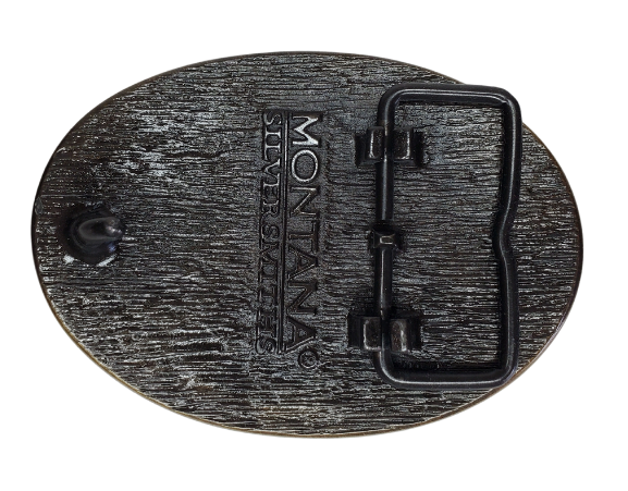 Antiqued brass colored Attitude buckle Tennessee state and symbols. Standard 1.5 belt swivel. Available at our shop just outside Nashville in Smyrna, TN. Width 3.63" Height 2.75"