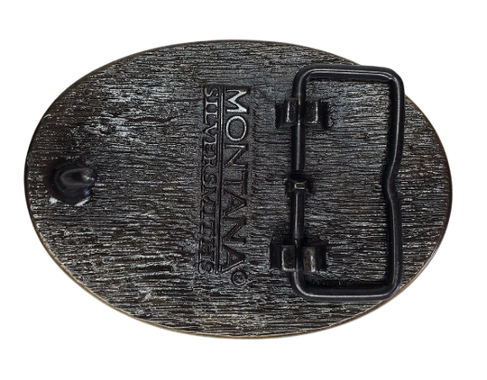Antiqued brass colored Attitude buckle Tennessee state and symbols. Standard 1.5 belt swivel. Available at our shop just outside Nashville in Smyrna, TN. Width 3.63" Height 2.75"