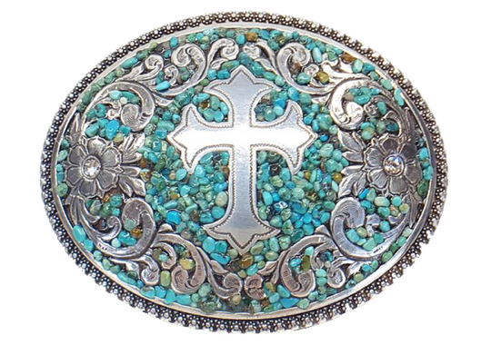 This Nocona buckle has a silver colored base with a raised Cross and Floral Filigree design. The design is revealed through a textured bed of glazed tiny pebbles, in turquoise color with earth tone highlights. The center of the flowers, on each end, displays a clear crystal. A beautiful buckle, from Blazin Roxx, that stands out with class. Fitting a belt of 1 1/2" wide, it's comfortable oval shape is 3 1/8" tall by 4" wide. Available for purchase online or in our shop in Smyrna, TN, just outside Nashville.