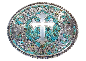 This Nocona buckle has a silver colored base with a raised Cross and Floral Filigree design. The design is revealed through a textured bed of glazed tiny pebbles, in turquoise color with earth tone highlights. The center of the flowers, on each end, displays a clear crystal. A beautiful buckle, from Blazin Roxx, that stands out with class. Fitting a belt of 1 1/2" wide, it's comfortable oval shape is 3 1/8" tall by 4" wide. Available for purchase online or in our shop in Smyrna, TN, just outside Nashville.
