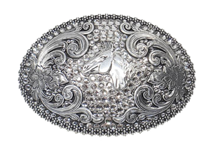 Nocona ladies buckle from Blazin Roxx Dimensions are 2 3/4" tall by 4" wide Has horse head pictured in center of buckle surrounded by rhinestones and scroll design work Available online and in our shop in Smyrna, TN, just outside of Nashville