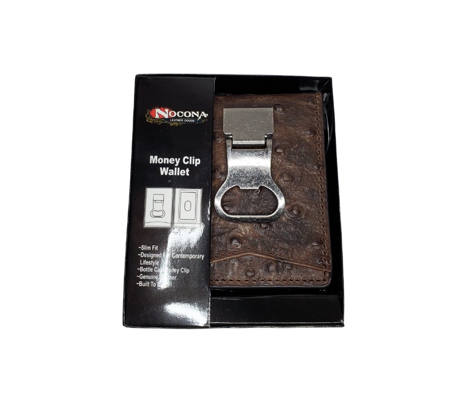 Nocona bi-fold money with 6 inside card slots, 2 underneath slots, 1 I.D. slot, 1 outside card slot and if that's not enough there's a bottle opener clip that holds your cash! Brown distressed Ostrich print leather Available online and in our retail shop in Smyrna, TN, just outside of Nashville