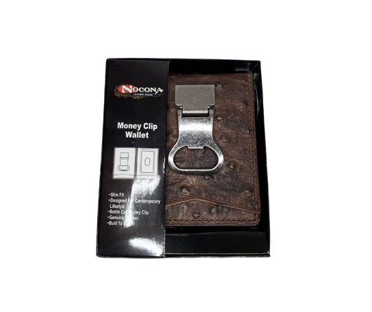 Nocona bi-fold money with 6 inside card slots, 2 underneath slots, 1 I.D. slot, 1 outside card slot and if that's not enough there's a bottle opener clip that holds your cash! Brown distressed Ostrich print leather Available online and in our retail shop in Smyrna, TN, just outside of Nashville