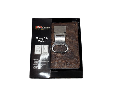 Nocona bi-fold money with 6 inside card slots, 2 underneath slots, 1 I.D. slot, 1 outside card slot and if that's not enough there's a bottle opener clip that holds your cash! Brown distressed Ostrich print leather Available online and in our retail shop in Smyrna, TN, just outside of Nashville