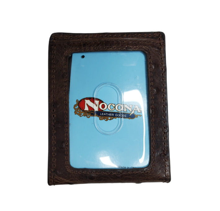 Nocona bi-fold money with 6 inside card slots, 2 underneath slots, 1 I.D. slot, 1 outside card slot and if that's not enough there's a bottle opener clip that holds your cash! Brown distressed Ostrich print leather Available online and in our retail shop in Smyrna, TN, just outside of Nashville