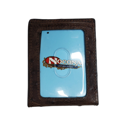 Nocona bi-fold money with 6 inside card slots, 2 underneath slots, 1 I.D. slot, 1 outside card slot and if that's not enough there's a bottle opener clip that holds your cash! Brown distressed Ostrich print leather Available online and in our retail shop in Smyrna, TN, just outside of Nashville