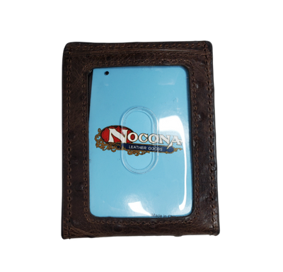 Nocona bi-fold money with 6 inside card slots, 2 underneath slots, 1 I.D. slot, 1 outside card slot and if that's not enough there's a bottle opener clip that holds your cash! Brown distressed Ostrich print leather Available online and in our retail shop in Smyrna, TN, just outside of Nashville