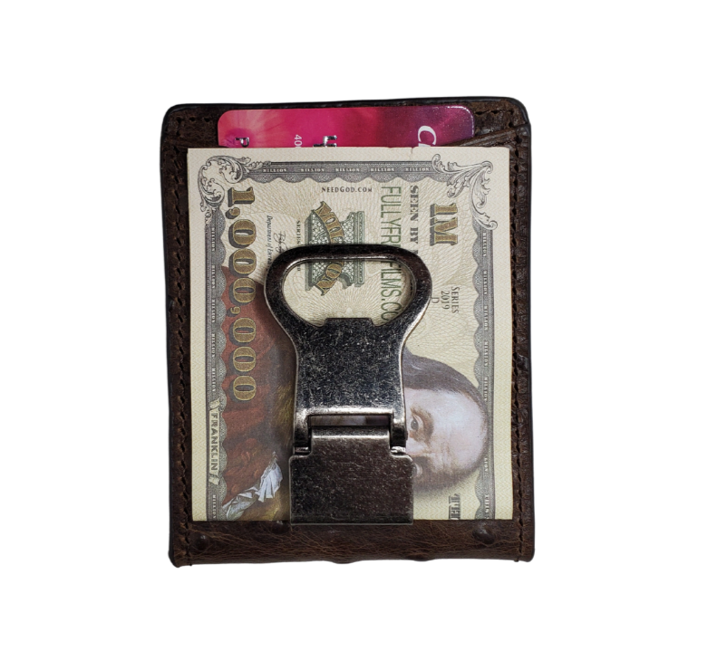 Nocona bi-fold money with 6 inside card slots, 2 underneath slots, 1 I.D. slot, 1 outside card slot and if that's not enough there's a bottle opener clip that holds your cash! Brown distressed Ostrich print leather Available online and in our retail shop in Smyrna, TN, just outside of Nashville