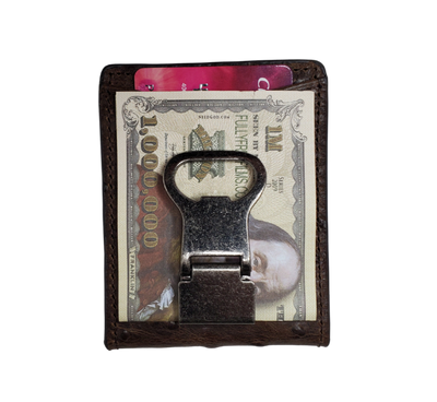 Nocona bi-fold money with 6 inside card slots, 2 underneath slots, 1 I.D. slot, 1 outside card slot and if that's not enough there's a bottle opener clip that holds your cash! Brown distressed Ostrich print leather Available online and in our retail shop in Smyrna, TN, just outside of Nashville