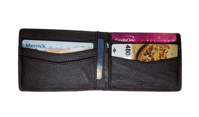Nocona bi-fold money with 6 inside card slots, 2 underneath slots, 1 I.D. slot, 1 outside card slot and if that's not enough there's a bottle opener clip that holds your cash! Brown distressed Ostrich print leather Available online and in our retail shop in Smyrna, TN, just outside of Nashville