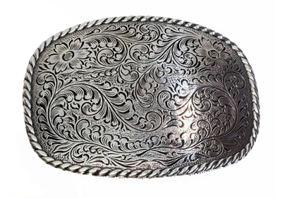 This rectangular shaped buckle by Nocona has rounded edges with rope design around the border. It is chrome colored with scroll design etched appearance on surface.  Measures 2 3/4" tall by 3 3/4" wide and fits belts up to 1 1/2" wide.  It is available for purchase in our retail shop in Smyrna, TN, just outside Nashville and also on the online store. Made in Taiwan.