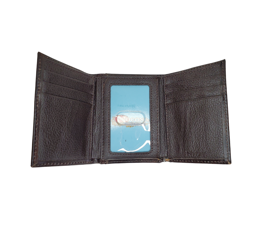 Nocona Tri-Fold Wallet Decorative large cross overlay Medium brown distressed leather   Inside features a clear ID slot, 6 credit card slots, 2 underneath card slots, and money slots. Available online and in our retail shop in Smyrna, TN, just outside of Nashville Imported