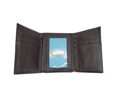 Nocona Tri-Fold Wallet Decorative large cross overlay Medium brown distressed leather   Inside features a clear ID slot, 6 credit card slots, 2 underneath card slots, and money slots. Available online and in our retail shop in Smyrna, TN, just outside of Nashville Imported