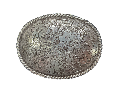 This oval shaped buckle by Nocona has a rope design around the border. It is chrome colored with scroll design etched appearance on surface.  Measures 2 3/4" tall by 3 3/4" wide and fits belts up to 1 1/2" wide.  It is available for purchase in our retail shop in Smyrna, TN, just outside Nashville and also on our online store. Made in Taiwan.
