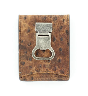 Nocona bi-fold money with 6 inside card slots, 2 underneath slots, 1 I.D. slot, 1 outside card slot and if that's not enough there's a bottle opener clip that holds your cash! Brown distressed Ostrich print leather Available online and in our retail shop in Smyrna, TN, just outside of Nashville