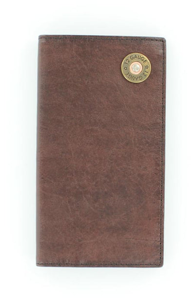 Nocona Rodeo style wallet  Wallet is brown leather with a 22 Gauge Shotgun Shell concho.    Multiple credit card slots, clear drivers license slot and removable picture holder  Available online and in our shop in Smyrna, TN, just outside of Nashville