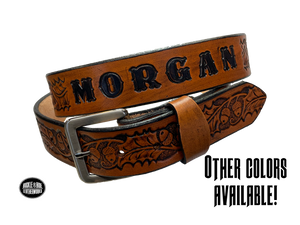 Full grain American vegetable tanned cowhide approx. 1/8"thick. Width 1 1/2" and includes Antique Nickle plated Solid Brass buckle Hand Finished in 3 color options Smooth burnished painted edges Choose with or without name, if without name, design will cover entire length of belt For name Type name desired on belt in "Type Name Here" section, no more than 8 letters maximum Buckle snaps in place for easy changing if desired Made in our Smyrna, TN, USA shop Belt Sizing Instructions