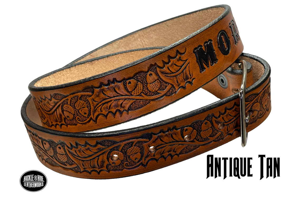 Full grain American vegetable tanned cowhide approx. 1/8"thick. Width 1 1/2" and includes Antique Nickle plated Solid Brass buckle Hand Finished in 3 color options Smooth burnished painted edges Choose with or without name, if without name, design will cover entire length of belt For name Type name desired on belt in "Type Name Here" section, no more than 8 letters maximum Buckle snaps in place for easy changing if desired Made in our Smyrna, TN, USA shop