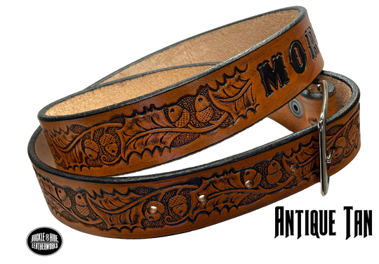 Full grain American vegetable tanned cowhide approx. 1/8"thick. Width 1 1/2" and includes Antique Nickle plated Solid Brass buckle Hand Finished in 3 color options Smooth burnished painted edges Choose with or without name, if without name, design will cover entire length of belt For name Type name desired on belt in "Type Name Here" section, no more than 8 letters maximum Buckle snaps in place for easy changing if desired Made in our Smyrna, TN, USA shop
