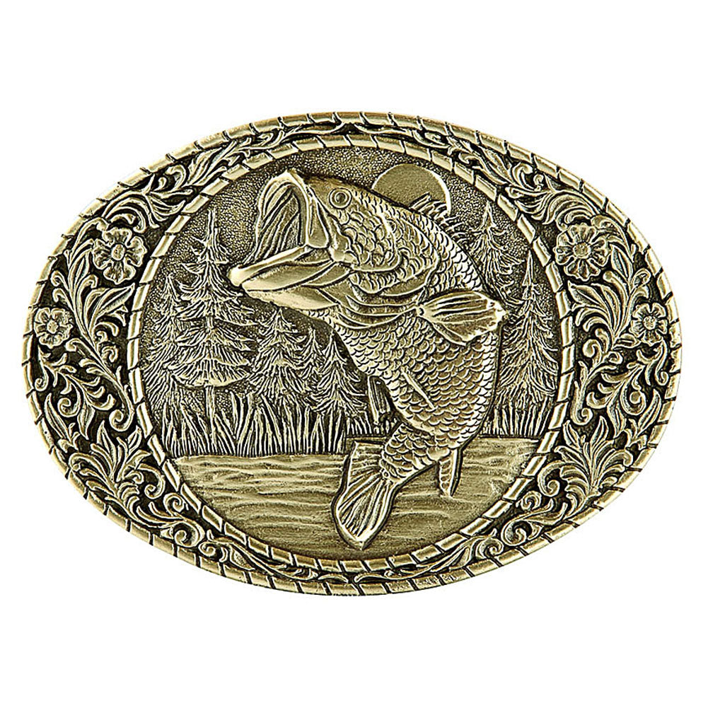 Oval shaped antique SOLID brass belt buckle with bass fish image.  Available online and at our shop just outside Nashville in Smyrna, TN.   Made in USA LARGE MOUTH SOLID BRASS BELT BUCKLE. Genuine apparel for men and women SIZE 3.50" x 2.50". SOLID BRASS buckle for either 1.5"" or 1.75"" belts. PACKAGED IN GIFT BOX. Newly manufactured. A unique fishing gift for fishermen  100% AMERICAN PROUDLY MADE IN USA!