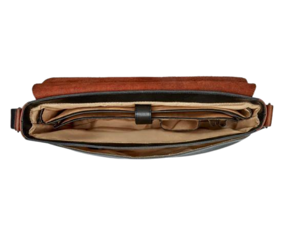 This 2 tone brown leather messenger bag is made from real cowhide leather.&nbsp; Flap is a smooth oil tanned leather with a distressed look and the body has contrasting soft pebbled grain leather. The flap secures with a magnetic snap. Dimensions are approx. 15" by 12" by 3". Back pocket will hold a full size laptop.&nbsp; Inner bag is lined with nylon and leather trim and hardware is brushed nickel. Available for purchase in our retail shop in Smyrna, TN, just outside Nashville.