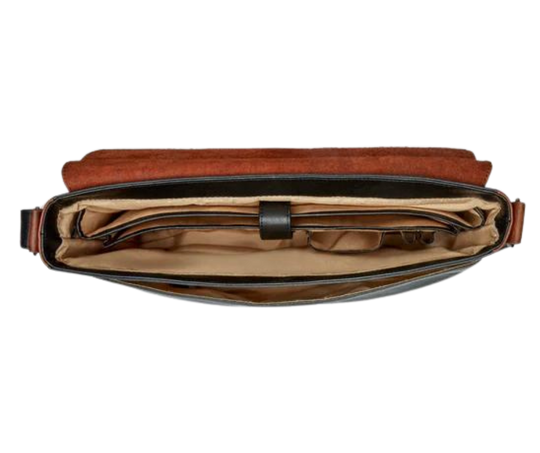 This 2 tone brown leather messenger bag is made from real cowhide leather.&nbsp; Flap is a smooth oil tanned leather with a distressed look and the body has contrasting soft pebbled grain leather. The flap secures with a magnetic snap. Dimensions are approx. 15" by 12" by 3". Back pocket will hold a full size laptop.&nbsp; Inner bag is lined with nylon and leather trim and hardware is brushed nickel. Available for purchase in our retail shop in Smyrna, TN, just outside Nashville.
