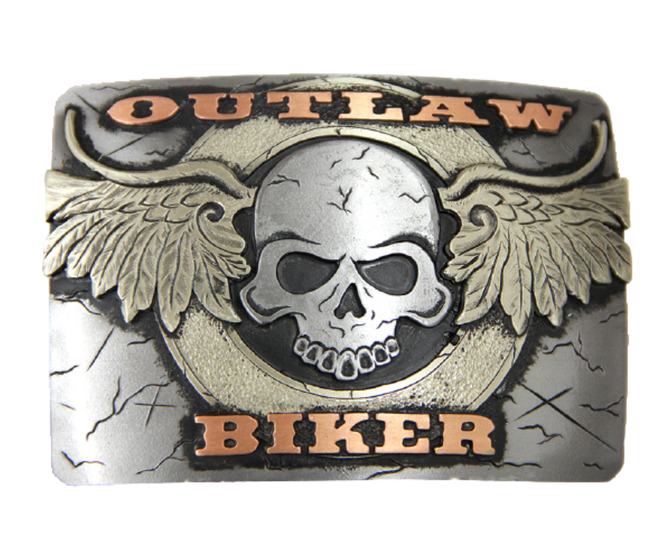 The Outlaw Biker buckle features a classic Skull and Wings on a distressed background.  Augus buckles are made from German Silver (nickel and brass alloy) or iron metal base. Some buckles have motifs made of copper, iron or brass. Each piece is punched, cut, soldered, engraved, polished and painted by our talented metal workers. Available at our Smyrna, TN location.