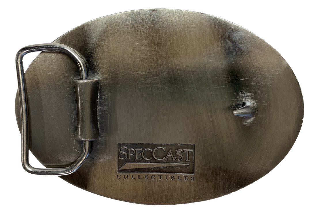 Western influenced oval buckle with barbed wire and western tooling and Oliver Tractor logo in the center. Available online and in our shop just outside Nashville in Smyrna, TN. Approx. 3"x4" in size.