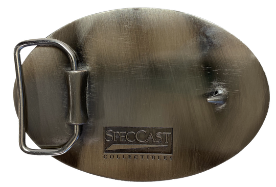 Western influenced oval buckle with barbed wire and western tooling and Oliver Tractor logo in the center. Available online and in our shop just outside Nashville in Smyrna, TN. Approx. 3"x4" in size.