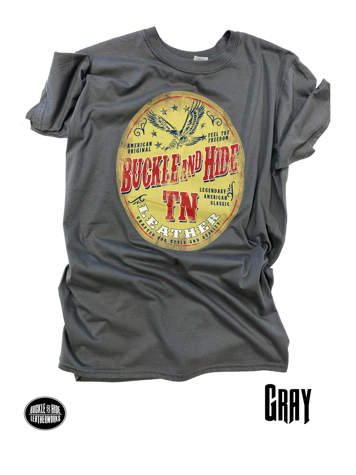 Gray soft cotton T-shirt with "Classic Oval Label" Buckle and Hide graphic. Available in Gray and Charcoal Gray. Available in our shop just outside Nashville in Smyrna, TN.