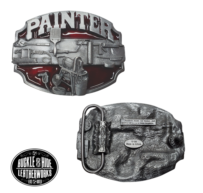 The Painter buckle part of our First Responders and Trades series we've added. Bless our men and women who build buildings and homes we live in. They get up early and go to work! The paint rollers, brushes on a slightly oval shaped belt buckle. Pewter belt buckle that may be attached to your belt.  Fits 1 1/2" belts, Size 3-1/2" x 2-3/4. Available in our shop just outside Nashville in Smyrna, TN.