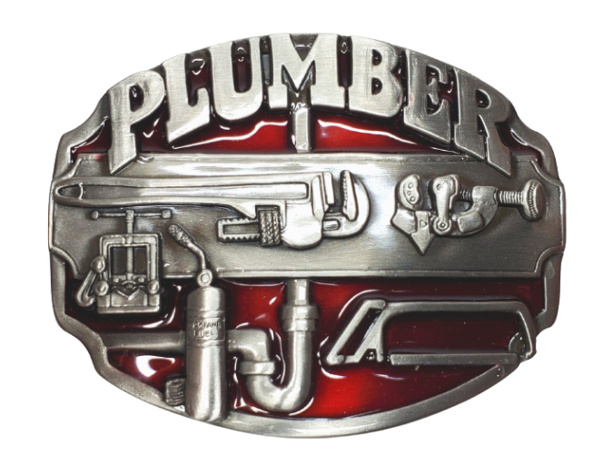 The Plumbers buckle part of our First Responders and Trades series we've added. Bless our men and women who build buildings and homes we live in. They get up early and go to work! The pipe wrenches and tools on a slightly oval shaped belt buckle. Pewter belt buckle that may be attached to your belt.  Fits 1 1/2" belts, Size 3-1/2" x 2-3/4. Available online and in our shop just outside Nashville in Smyrna, TN.