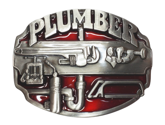 The Plumbers buckle part of our First Responders and Trades series we've added. Bless our men and women who build buildings and homes we live in. They get up early and go to work! The pipe wrenches and tools on a slightly oval shaped belt buckle. Pewter belt buckle that may be attached to your belt.  Fits 1 1/2" belts, Size 3-1/2" x 2-3/4. Available online and in our shop just outside Nashville in Smyrna, TN.