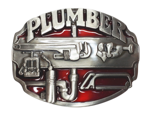 The Plumbers buckle part of our First Responders and Trades series we've added. Bless our men and women who build buildings and homes we live in. They get up early and go to work! The pipe wrenches and tools on a slightly oval shaped belt buckle. Pewter belt buckle that may be attached to your belt.  Fits 1 1/2" belts, Size 3-1/2" x 2-3/4. Available online and in our shop just outside Nashville in Smyrna, TN.