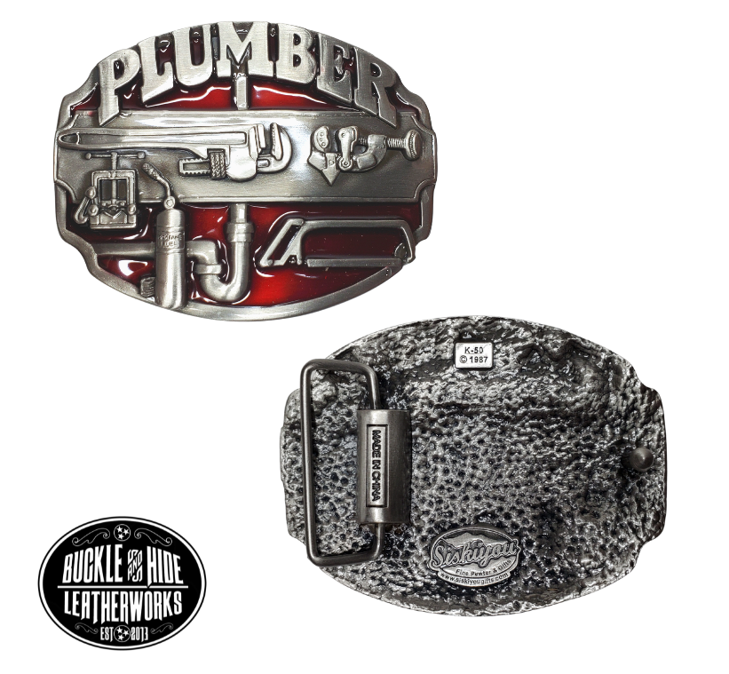 The Plumbers buckle part of our First Responders and Trades series we've added. Bless our men and women who build buildings and homes we live in. They get up early and go to work! The pipe wrenches and tools on a slightly oval shaped belt buckle. Pewter belt buckle that may be attached to your belt.  Fits 1 1/2" belts, Size 3-1/2" x 2-3/4. Available online and in our shop just outside Nashville in Smyrna, TN.
