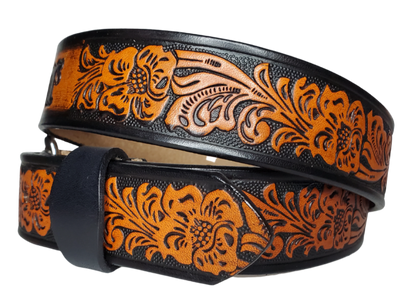  The Prairie Rose is a classic western scroll pattern that's timeless. It's hand finished in a unique Tri Tone Brown that you'll able to wear with most anything. Available in a 1 1/2" width. Full grain American vegetable tanned cowhide approx. 1/8"thick.  Includes Antique Nickle Solid Brass buckle. Smooth burnished painted edges. Choose with or without name if without name. For name Type name desired on belt in section, Buckle snaps in place for easy changing. Made in our Smyrna, TN, USA shop.