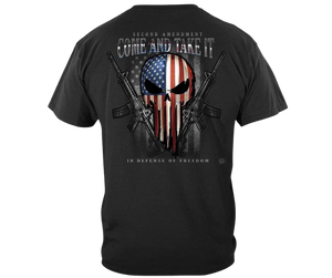 If you appreciate FREEDOM you'll be proud to wear this shirt! Red, White and Blue Punisher style flag on the back with Come and Take it in bold letters.  Available online and in our retail shop in Smyrna, TN.