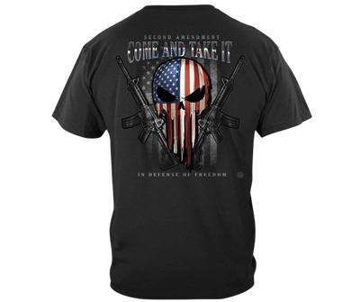 If you appreciate FREEDOM you'll be proud to wear this shirt! Red, White and Blue Punisher style flag on the back with Come and Take it in bold letters.  Available online and in our retail shop in Smyrna, TN.