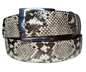 Python is one the most requested EXOTIC skin. The made in USA full length Python skin (not spliced) is glued and stitched onto a Veg-tan leather back for durability. These make a great belt to MATCH your Python skin Boots for night on the town, great with your favorite jeans or casual slacks. The width is 1 1/2" wide with 2 belt loops and 3 snaps for easy buckle change.  NOTE: these are a Natural skin and each belt is UNIQUE and will vary from belt to belt. Sold in our Smyrna, TN store. 