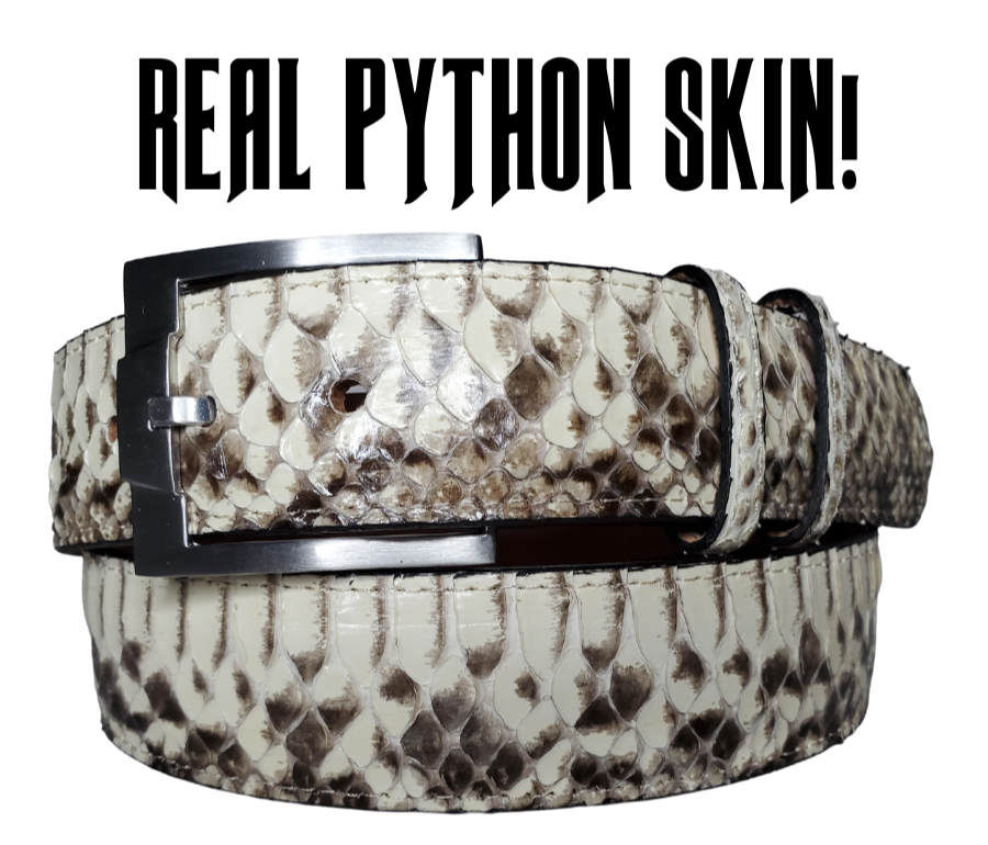 Python is one the most requested EXOTIC skin. The made in USA full length Python skin (not spliced) is glued and stitched onto a Veg-tan leather back for durability. These make a great belt to MATCH your Python skin Boots for night on the town, great with your favorite jeans or casual slacks. The width is 1 1/2" wide with 2 belt loops and 3 snaps for easy buckle change.  NOTE: these are a Natural skin and each belt is UNIQUE and will vary from belt to belt. Sold in our Smyrna, TN store. 