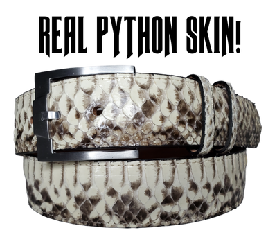 Python is one the most requested EXOTIC skin. The made in USA full length Python skin (not spliced) is glued and stitched onto a Veg-tan leather back for durability. These make a great belt to MATCH your Python skin Boots for night on the town, great with your favorite jeans or casual slacks. The width is 1 1/2" wide with 2 belt loops and 3 snaps for easy buckle change.  NOTE: these are a Natural skin and each belt is UNIQUE and will vary from belt to belt. Sold in our Smyrna, TN store. 