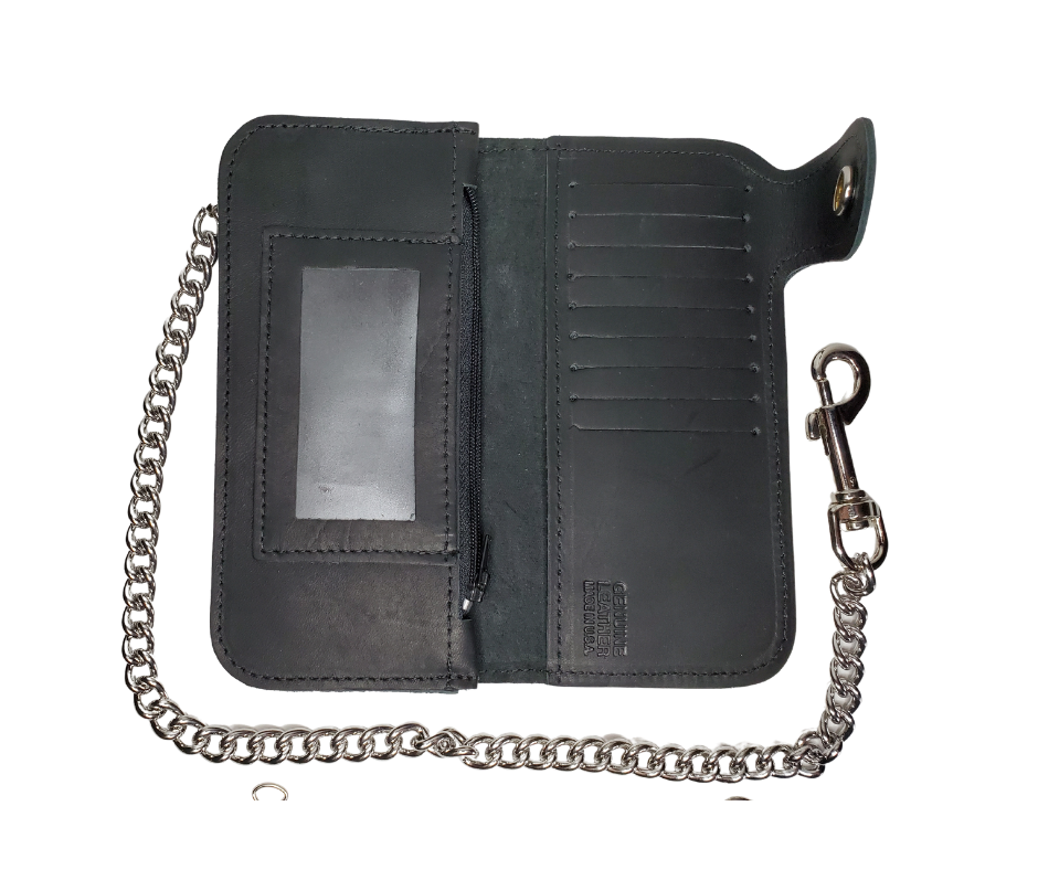 With Card slots for almost everything, the "Prospect" chain wallet delivers. This wallet has 2 sections that are like the traditional chain wallet, with extra slots for the many cards that seem to multiply!  3 cash pockets and I.D. slot 9 credit card slots&amp;nbsp; Basic 12" Chain included Made in USA Black leather Dimensions folded 3 1/2" x 7" open 7" x 7"