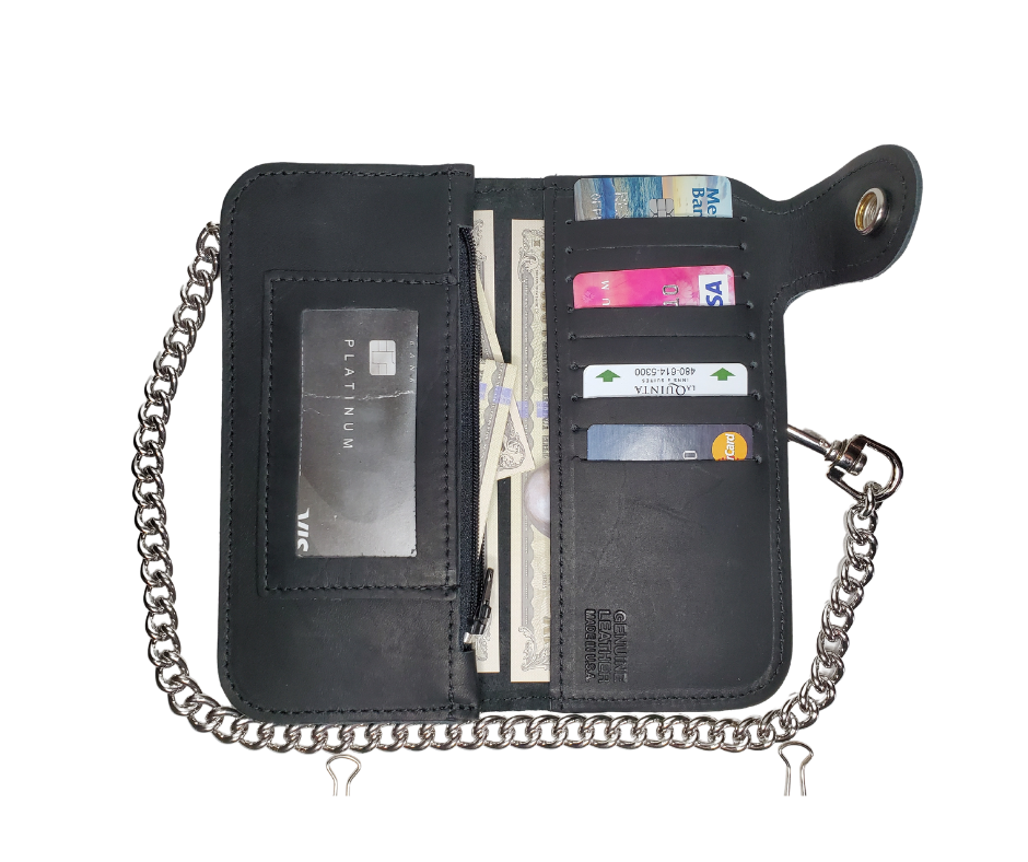 With Card slots for almost everything, the "Prospect" chain wallet delivers. This wallet has 2 sections that are like the traditional chain wallet, with extra slots for the many cards that seem to multiply!  3 cash pockets and I.D. slot 9 credit card slots&amp;nbsp; Basic 12" Chain included Made in USA Black leather Dimensions folded 3 1/2" x 7" open 7" x 7"