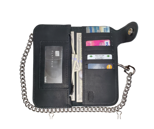 With Card slots for almost everything, the "Prospect" chain wallet delivers. This wallet has 2 sections that are like the traditional chain wallet, with extra slots for the many cards that seem to multiply!  3 cash pockets and I.D. slot 9 credit card slots&amp;nbsp; Basic 12" Chain included Made in USA Black leather Dimensions folded 3 1/2" x 7" open 7" x 7"