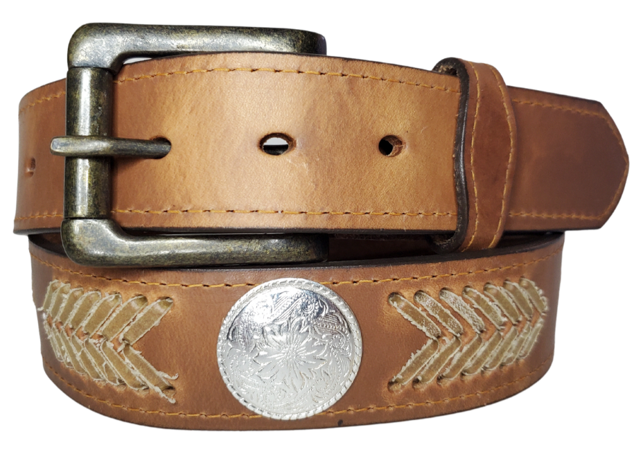 The Rawhide leather belt features Hand Laced Rawhide down the Center with Western design Conchos. Available in a 1 1/2" width. Full grain Distressed cowhide approx. 1/8"thick. Width 1 1/2" and includes Antique nickel buckle, Smooth burnished painted edges. Available at our Smyrna, TN shop just outside Nashville. Made in USA! 
